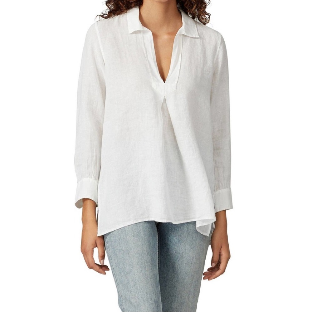 Nili Lotan White Linen Split-Neck Blouse